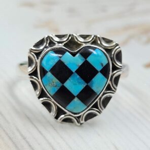 Mohave Turquoise & Onyx Checkerboard 925 Sterling Silver Ring (REXT110-7)