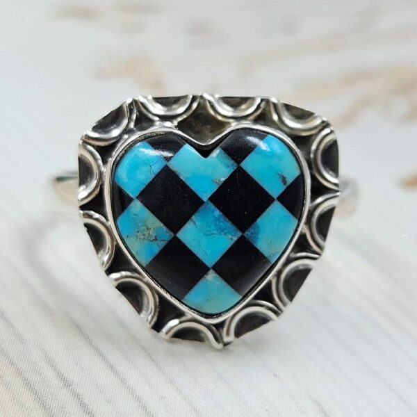 Mohave Turquoise & Onyx Checkerboard 925 Sterling Silver Ring (REXT110-7)