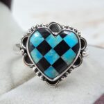Mohave Turquoise & Onyx Checkerboard 925 Sterling Silver Ring (REXT110-8)