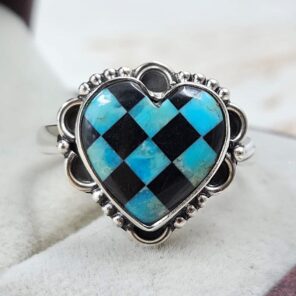 Mohave Turquoise & Onyx Checkerboard 925 Sterling Silver Ring (REXT110-8)
