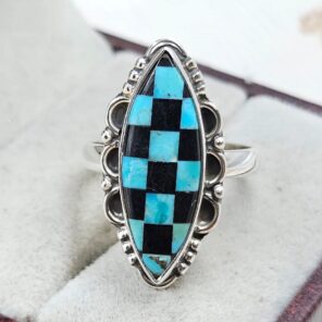 Mohave Turquoise & Onyx Checkerboard 925 Sterling Silver Ring (REXT110-9)