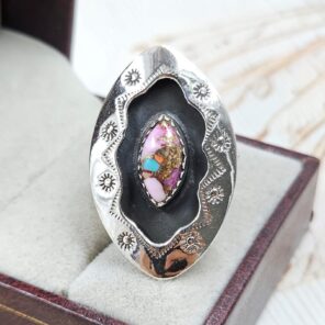 Pink Dahlia Turquoise 925 Sterling Silver Shadow Box Ring (RS3-66)