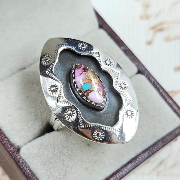 Pink Dahlia Turquoise 925 Sterling Silver Shadow Box Ring (RS3-66) - Image 2