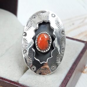 Italian Coral 925 Sterling Silver Shadow Box Ring (RS3-75)