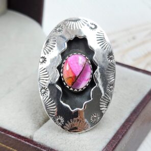 Pink Dahlia Turquoise 925 Sterling Silver Shadow Box Ring (RS3-76)
