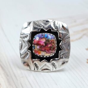 Pink Dahlia Turquoise 925 Sterling Silver Shadow Box Ring (RS3-79)