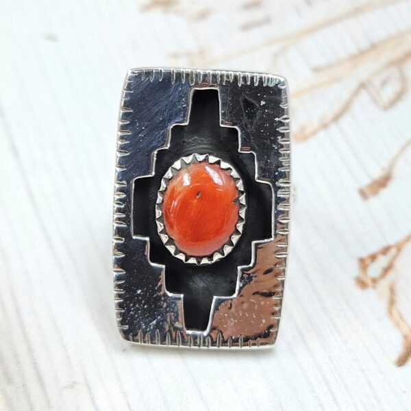 Italian Coral 925 Sterling Silver Shadow Box Ring (RS3-82)
