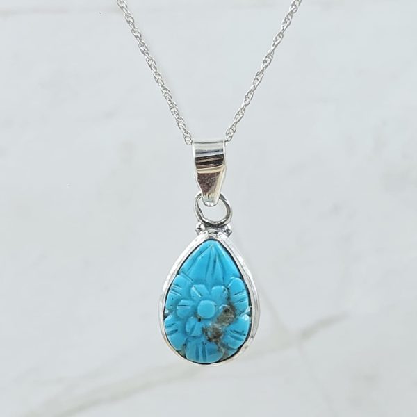 Kingman Turquoise 1.25" Carved 925 Sterling Silver Pendant (REXT57-109)