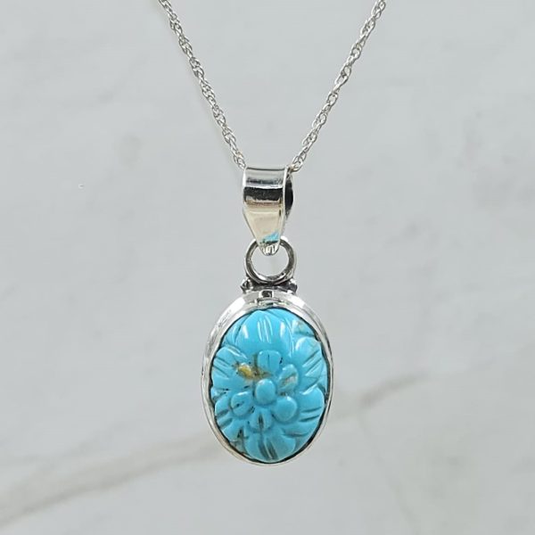 Kingman Turquoise 1.25" Carved 925 Sterling Silver Pendant (REXT57-108)