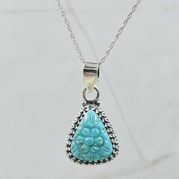 Kingman Turquoise 1.25" Carved 925 Sterling Silver Pendant (REXT57-110)