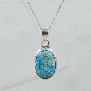 Kingman Turquoise 1.25" Carved 925 Sterling Silver Pendant (REXT57-106)