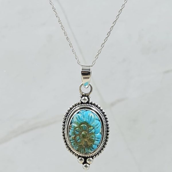Kingman Turquoise 1.25" Carved 925 Sterling Silver Pendant (REXT57-103)