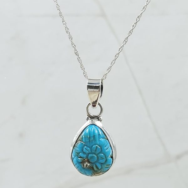Kingman Turquoise 1.25" Carved 925 Sterling Silver Pendant (REXT57-102)