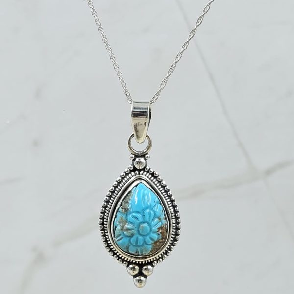 Kingman Turquoise 1.25" Carved 925 Sterling Silver Pendant (REXT57-97)