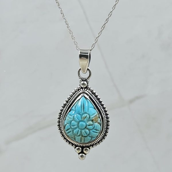 Kingman Turquoise 1.25" Carved 925 Sterling Silver Pendant (REXT57-92)