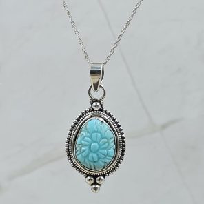 Kingman Turquoise 1.25" Carved 925 Sterling Silver Pendant (REXT57-91)