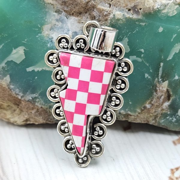 Pink & White Checkerboard 1.25" 925 Sterling Silver Pendant (RS55-90)