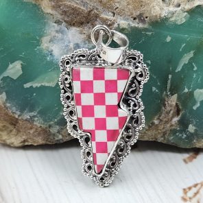 Pink & White Checkerboard 1.25" 925 Sterling Silver Pendant (RS55-92)