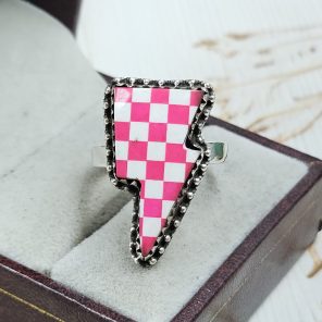 Pink & White Checkerboard Size US 9 925 Sterling Silver Ring (RS55-87)