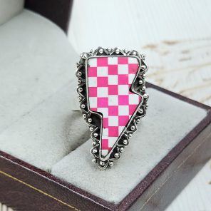 Pink & White Checkerboard Size US 7 925 Sterling Silver Ring (RS55-86)