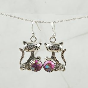 Pink Dahlia Turquoise Cat 1.25" 925 Sterling Silver Earring (RS28-31)