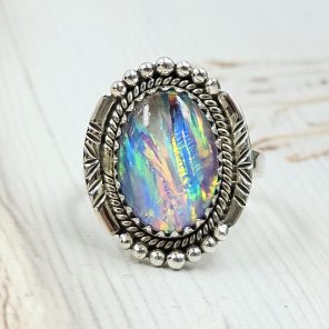 Aurora Opal Size US 11 925 Sterling Silver Ring (RS55-107)