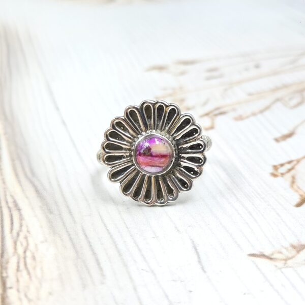 Flower Pink Dahlia Turquoise 925 Sterling Silver Ring (REXT53-2) - Image 2