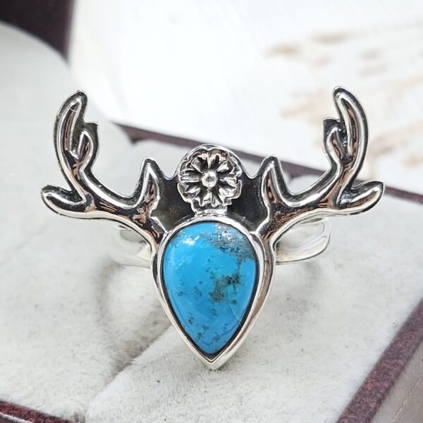 Kingman Turquoise 925 Sterling Silver Deer Antler Ring (REXT78-29) - Image 2