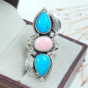 Kingman Turquoise & Pink Queen Conch 925 Sterling Silver Ring (RS3-212)