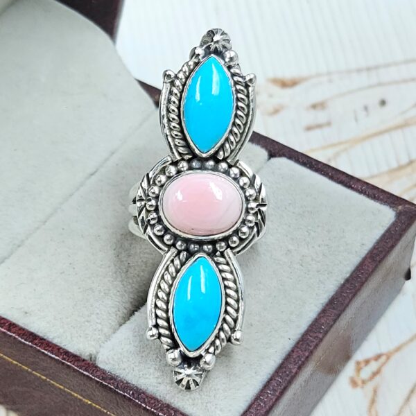 Kingman Turquoise & Pink Queen Conch 925 Sterling Silver Ring (RS3-213)