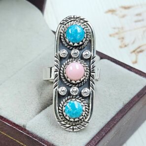 Kingman Turquoise & Pink Queen Conch 925 Sterling Silver Ring (RS3-216)