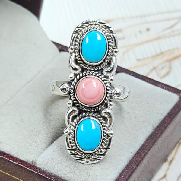 Kingman Turquoise & Pink Queen Conch 925 Sterling Silver Ring (RS3-217)