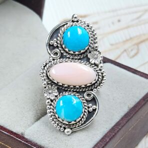 Kingman Turquoise & Pink Queen Conch 925 Sterling Silver Ring (RS3-218)