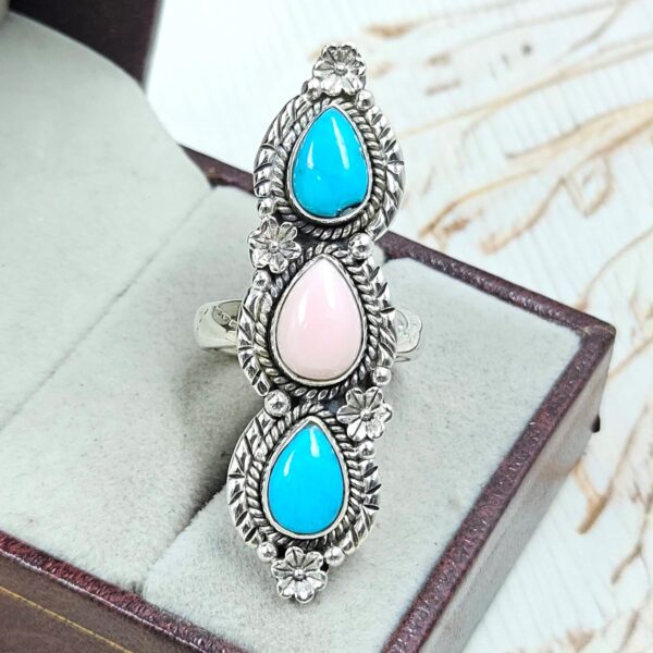 Kingman Turquoise & Pink Queen Conch 925 Sterling Silver Ring (RS3-220)