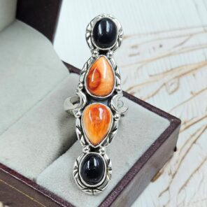 Black Onyx & Spiny Oyster Shell 925 Sterling Silver Ring (RS3-222)