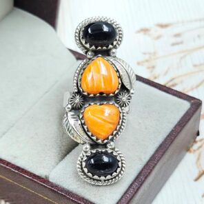Black Onyx & Spiny Oyster Shell 925 Sterling Silver Ring (RS3-224)