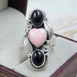 Black Onyx & Pink Queen Conch 925 Sterling Silver Ring (RS3-228)