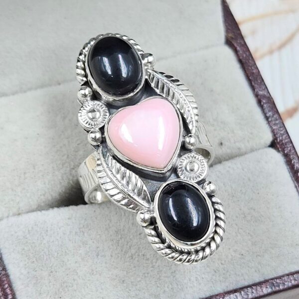 Black Onyx & Pink Queen Conch 925 Sterling Silver Ring (RS3-228) - Image 2