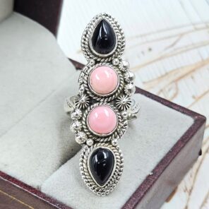 Black Onyx & Pink Queen Conch 925 Sterling Silver Ring (RS3-229)