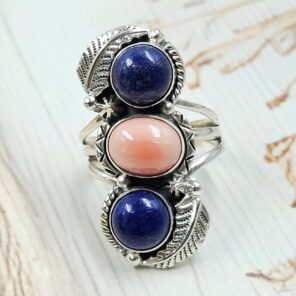 Lapis Lazuli & Pink Queen Conch 925 Sterling Silver Ring (RS3-233)