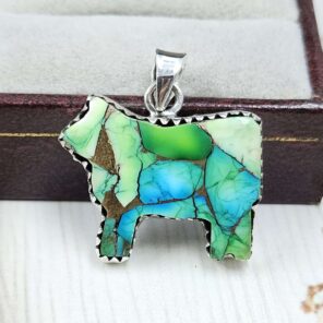 Cow Carved Peacock Dahlia Turquoise 925 Sterling Silver Pendant (RS113-315)