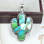 Cactus Carved Peacock Dahlia Turquoise 925 Sterling Silver Pendant (RS113-314)