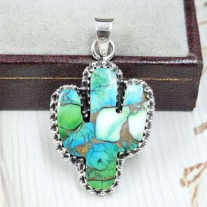 Cactus Carved Peacock Dahlia Turquoise 925 Sterling Silver Pendant (RS113-314)