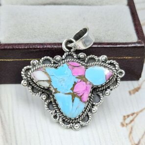 Bull Head Carved Cotton Candy Turquoise 925 Sterling Silver Pendant (RS113-364)