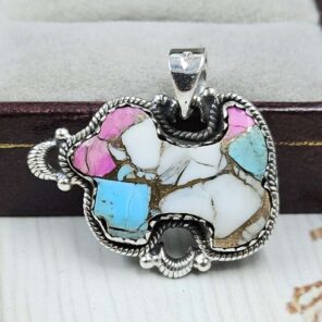 Dog Carved Cotton Candy Turquoise 925 Sterling Silver Pendant (RS113-377)