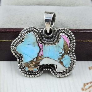 Dog Carved Cotton Candy Turquoise 925 Sterling Silver Pendant (RS113-376)