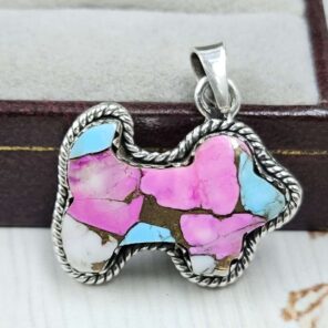 Dog Carved Cotton Candy Turquoise 925 Sterling Silver Pendant (RS113-374)