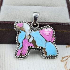 Sheep Carved Cotton Candy Turquoise 925 Sterling Silver Pendant (RS113-327)