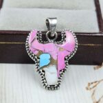 Bull Head Carved Cotton Candy Turquoise 925 Sterling Silver Pendant (RS113-361)