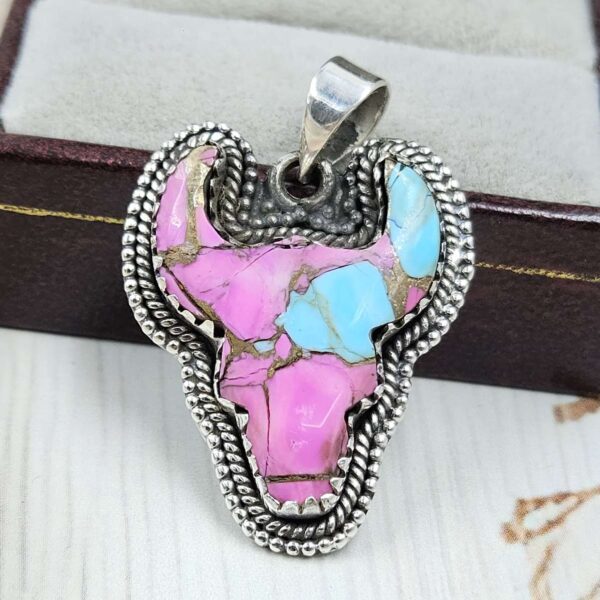 Bull Head Carved Cotton Candy Turquoise 925 Sterling Silver Pendant (RS113-360)